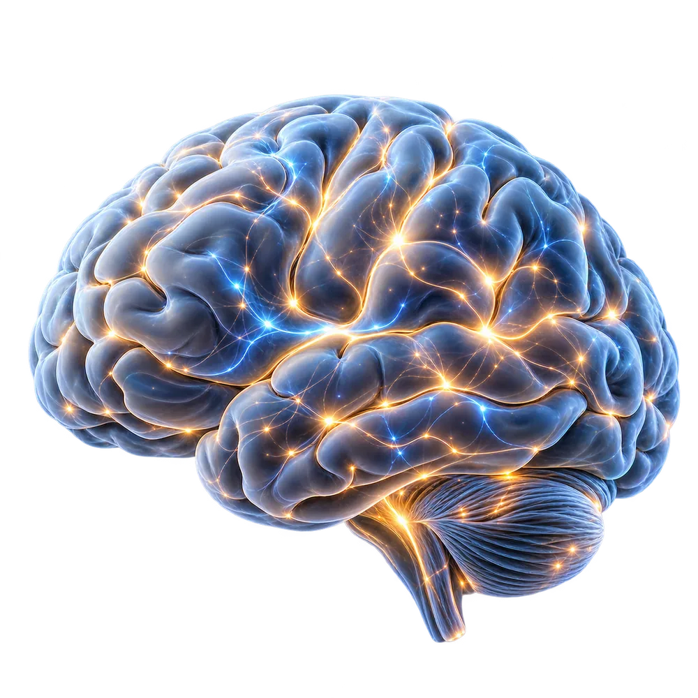 Blauwe glanzende hersenen met gouden, oplichtende neurale verbindingen
